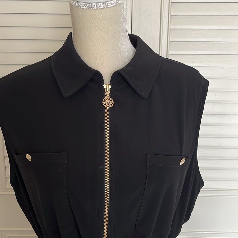 Anne Klein Black Sleeveless Midi Dress Gold Zip Waist Tie 2X Plus Size - Picture 5 of 10